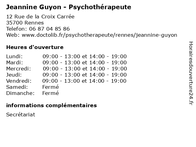 Jeannine Guyon - Psychothérapeute à Rennes: adresse et heures d'ouverture