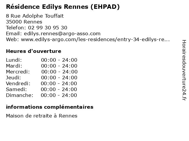 Résidence Edilys Rennes (EHPAD) à Rennes: adresse et heures d'ouverture