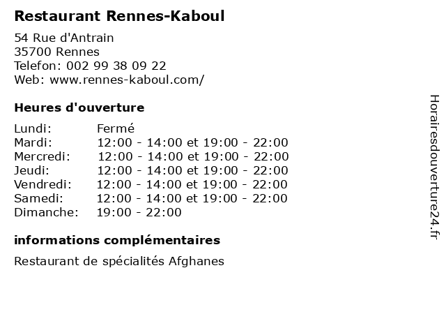 Restaurant Rennes-Kaboul à Rennes: adresse et heures d'ouverture