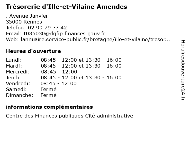 Trésorerie d'Ille-et-Vilaine Amendes à Rennes: adresse et heures d'ouverture