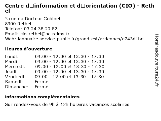 Centre d’information et d’orientation (CIO) - Rethel à Rethel: adresse et heures d'ouverture