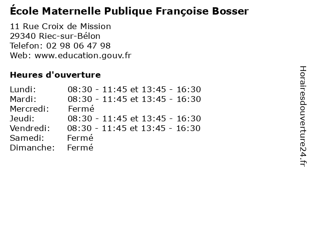 École Maternelle Publique Françoise Bosser à Riec-sur-Bélon: adresse et heures d'ouverture