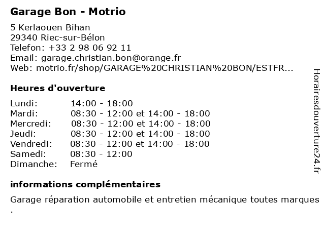 Motrio - Garage Bon à Riec-sur-Bélon: adresse et heures d'ouverture