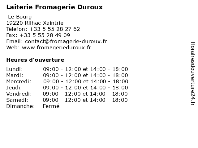 Laiterie Fromagerie Duroux à Rilhac-Xaintrie: adresse et heures d'ouverture