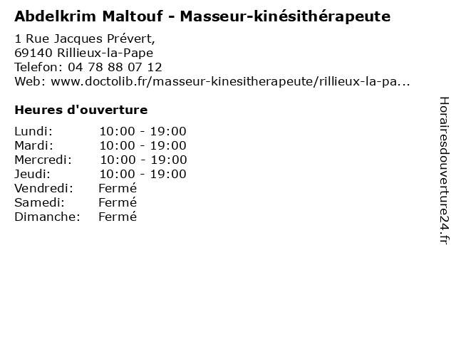 Abdelkrim Maltouf - Masseur-kinésithérapeute à Rillieux-la-Pape: adresse et heures d'ouverture