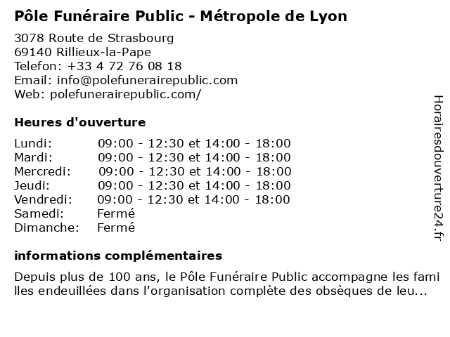 Pôle Funéraire Public - Métropole de Lyon à Rillieux-la-Pape: adresse et heures d'ouverture
