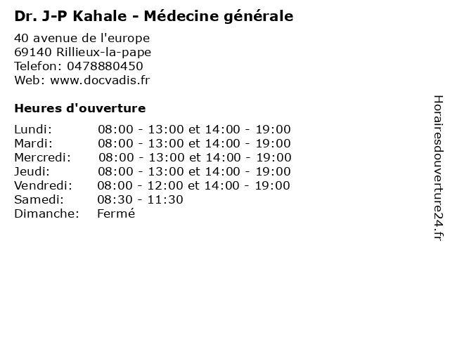 Dr. J-P Kahale - Médecine générale à Rillieux-la-pape: adresse et heures d'ouverture
