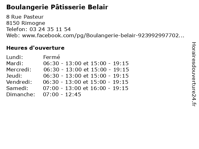 ᐅ horaires d ouverture boulangerie patisserie belair 8 rue pasteur a rimogne