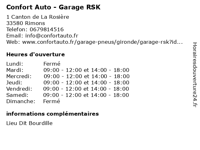 Confort Auto - Garage RSK à Rimons: adresse et heures d'ouverture