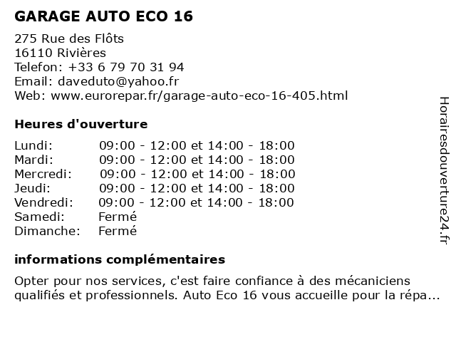 GARAGE AUTO ECO 16 à Rivières: adresse et heures d'ouverture
