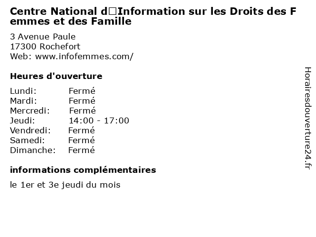 Centre National d’Information sur les Droits des Femmes et des Famille à Rochefort: adresse et heures d'ouverture