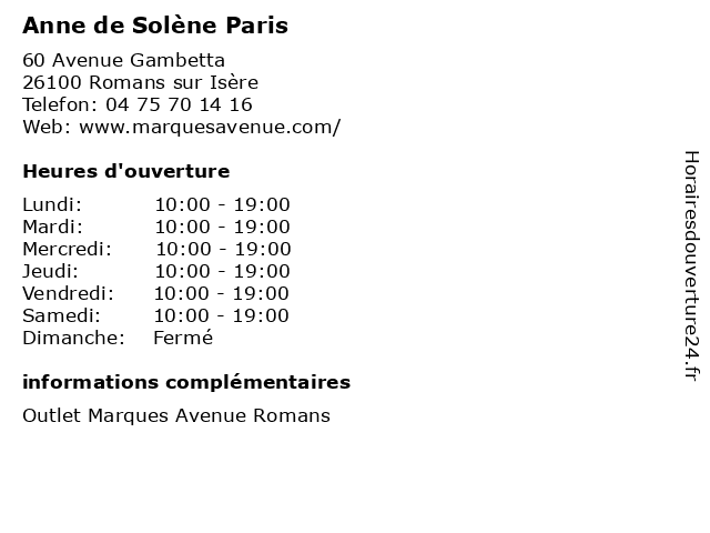 Anne de Solène Paris à Romans sur Isère: adresse et heures d'ouverture