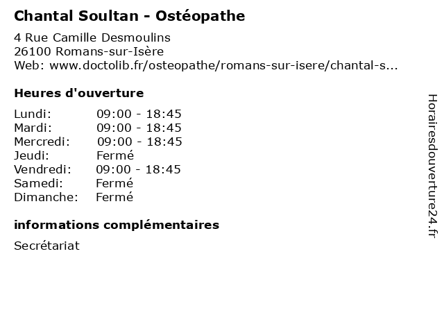 Chantal Soultan - Ostéopathe à Romans-sur-Isère: adresse et heures d'ouverture