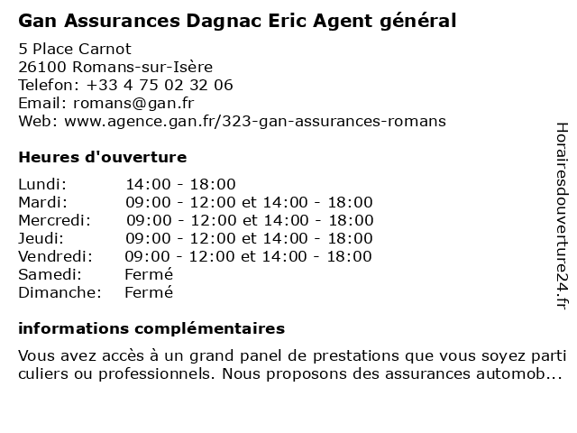 Gan Assurances Dagnac Eric Agent général à Romans-sur-Isère: adresse et heures d'ouverture