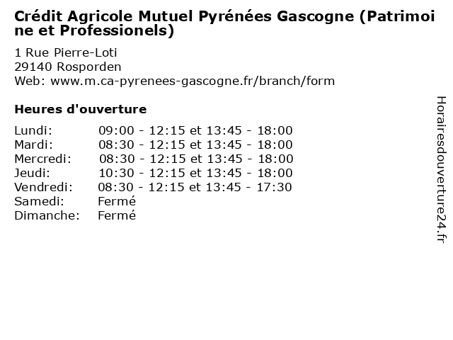 Crédit Agricole Mutuel Pyrénées Gascogne (Patrimoine et Professionels) à Rosporden: adresse et heures d'ouverture