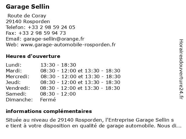 Garage Sellin à Rosporden: adresse et heures d'ouverture