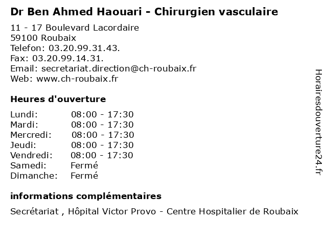Dr Ben Ahmed Haouari - Chirurgien vasculaire à Roubaix: adresse et heures d'ouverture