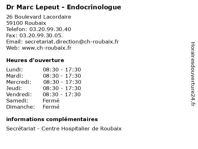Dr Marc Lepeut - Endocrinologue à Roubaix: adresse et heures d'ouverture