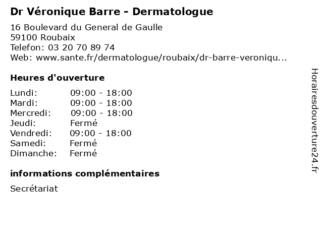 Dr Véronique Barre - Dermatologue à Roubaix: adresse et heures d'ouverture