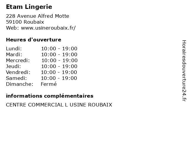 Etam Lingerie à Roubaix: adresse et heures d'ouverture