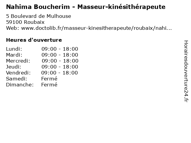 Nahima Boucherim - Masseur-kinésithérapeute à Roubaix: adresse et heures d'ouverture