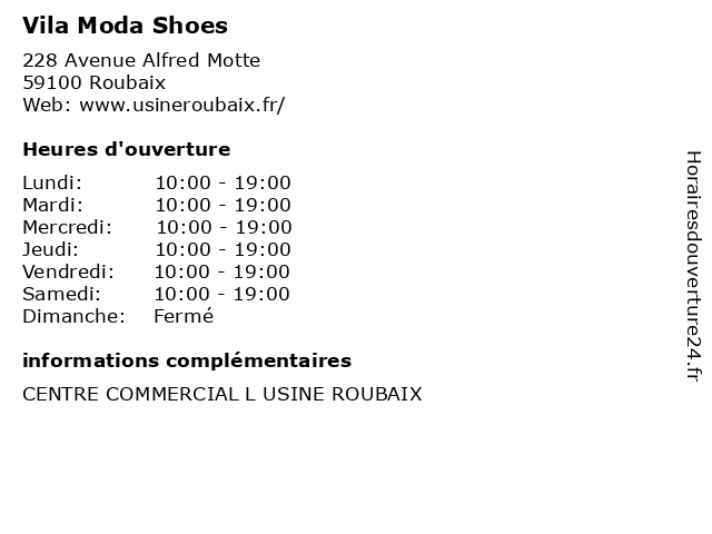 slette Lao Diagnose ᐅ Horaires d'ouverture „Vila Moda Shoes“ | 228 Avenue Alfred Motte à Roubaix