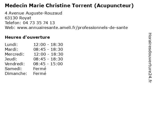 Medecin Marie Christine Torrent (Acupuncteur) à Royat: adresse et heures d'ouverture