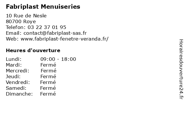 Fabriplast Menuiseries à Roye: adresse et heures d'ouverture