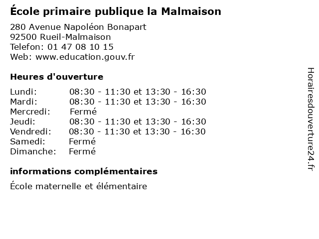 École primaire publique la Malmaison à Rueil-Malmaison: adresse et heures d'ouverture