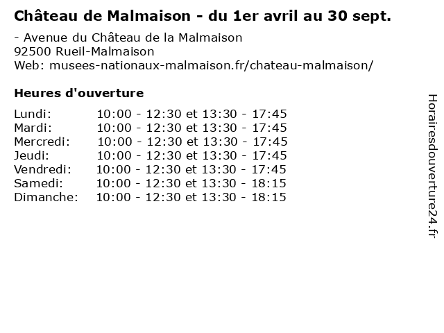 Château de Malmaison - du 1er avril au 30 sept. à Rueil-Malmaison: adresse et heures d'ouverture