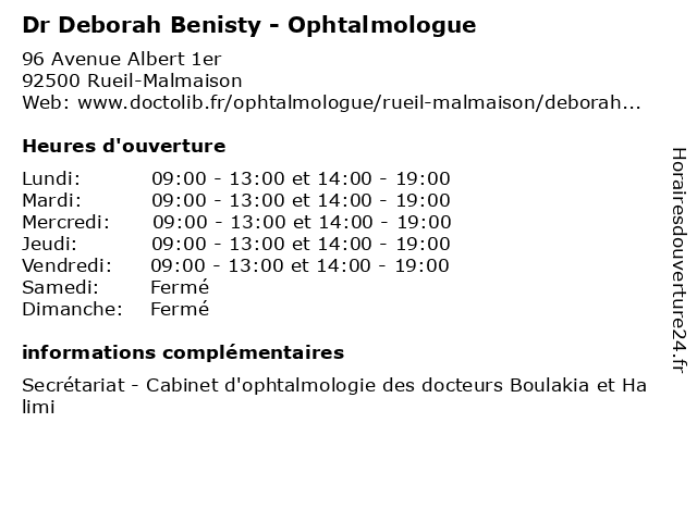 Dr Deborah Benisty - Ophtalmologue à Rueil-Malmaison: adresse et heures d'ouverture