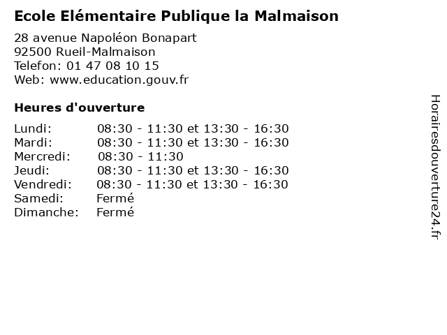 Ecole Elémentaire Publique la Malmaison à Rueil-Malmaison: adresse et heures d'ouverture