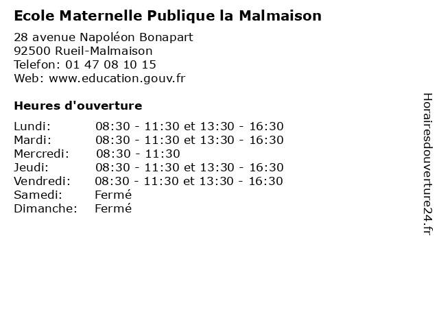 Ecole Maternelle Publique la Malmaison à Rueil-Malmaison: adresse et heures d'ouverture