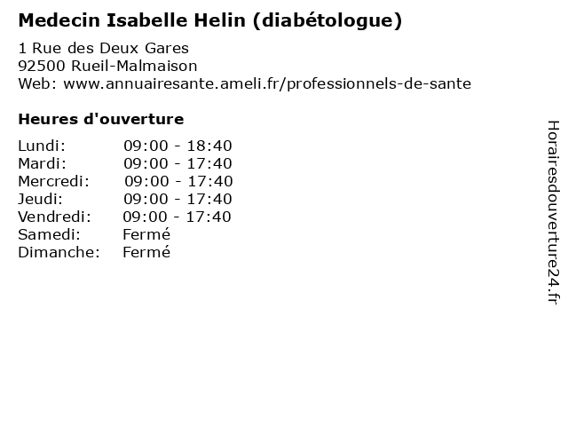 Medecin Isabelle Helin (diabétologue) à Rueil-Malmaison: adresse et heures d'ouverture