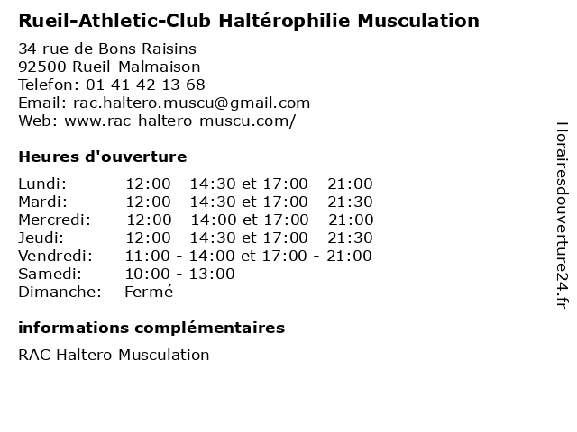 ᐅ Horaires d'ouverture „Rueil-Athletic-Club Haltérophilie Musculation“ | 34  rue de Bons Raisins à Rueil-Malmaison
