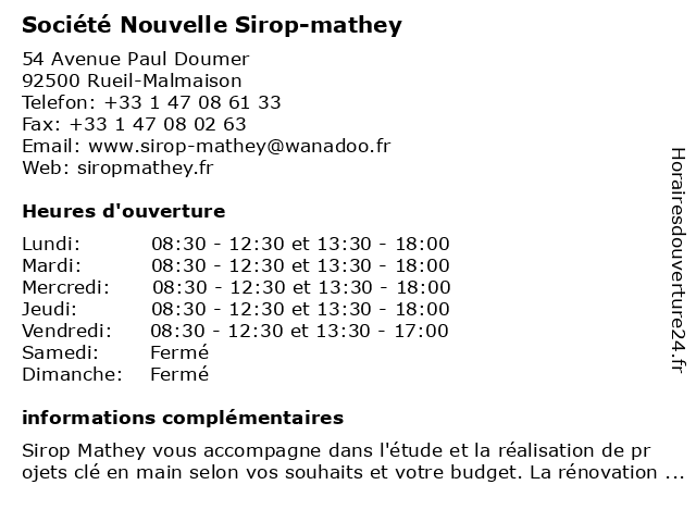 Société Nouvelle Sirop-mathey à Rueil-Malmaison: adresse et heures d'ouverture
