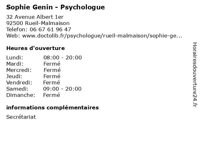Sophie Genin - Psychologue à Rueil-Malmaison: adresse et heures d'ouverture