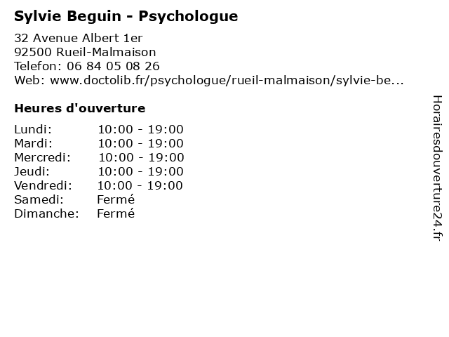Sylvie Beguin - Psychologue à Rueil-Malmaison: adresse et heures d'ouverture