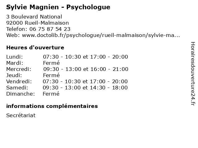 Sylvie Magnien - Psychologue à Rueil-Malmaison: adresse et heures d'ouverture