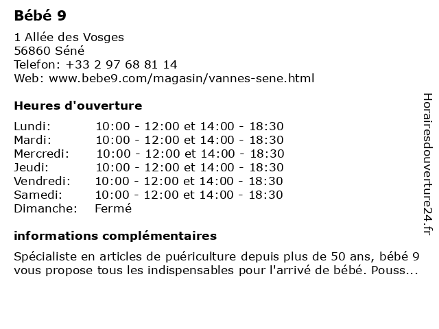ᐅ Horaires D Ouverture Bebe9 1 Allee Des Vosges A Sene