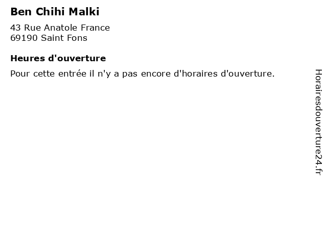 Ben Chihi Malki à Saint Fons: adresse et heures d'ouverture