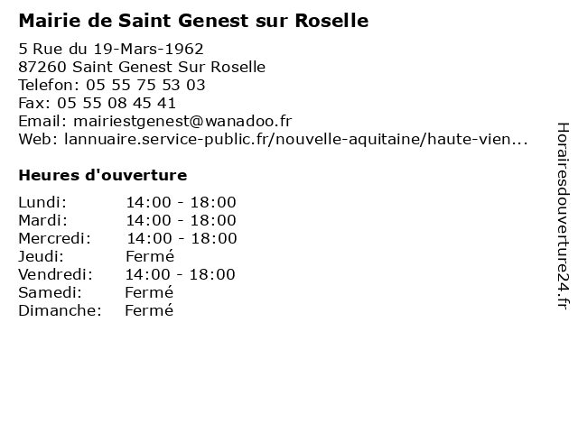 Mairie de Saint Genest sur Roselle à Saint Genest Sur Roselle: adresse et heures d'ouverture