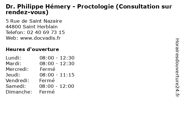 Dr. Philippe Hémery - Proctologie (Consultation sur rendez-vous) à Saint Herblain: adresse et heures d'ouverture