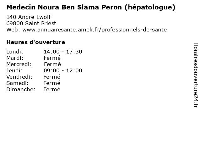Medecin Noura Ben Slama Peron (hépatologue) à Saint Priest: adresse et heures d'ouverture