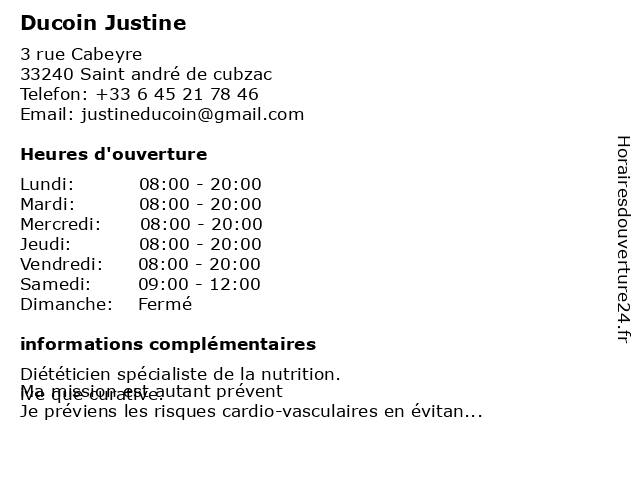 Ducoin Justine à Saint andré de cubzac: adresse et heures d'ouverture