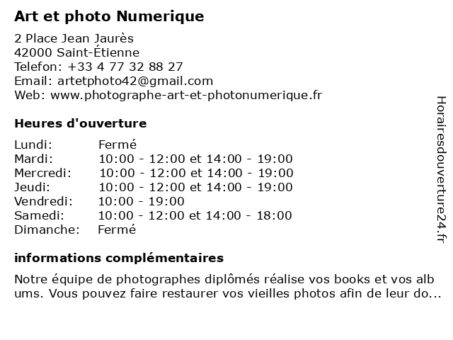 Art et Photo Numérique - photo d'identité, studio, labo, tirage, scolaire, location photobooth à Saint-Étienne: adresse et heures d'ouverture