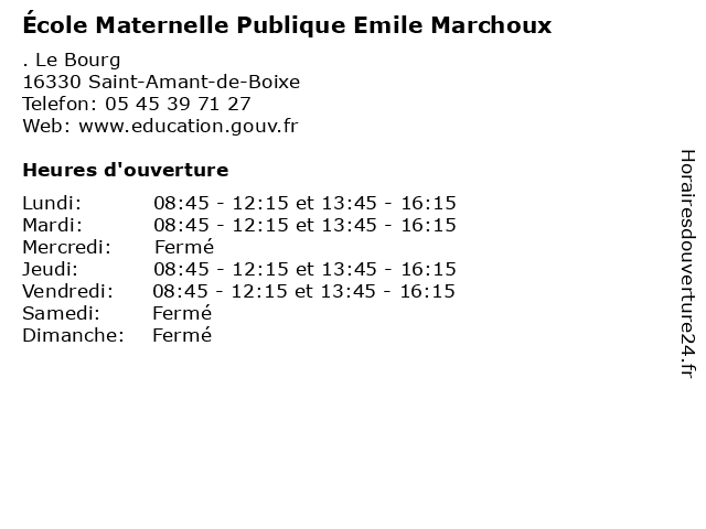 École Maternelle Publique Emile Marchoux à Saint-Amant-de-Boixe: adresse et heures d'ouverture