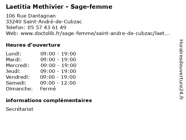 Laetitia Methivier - Sage-femme à Saint-André-de-Cubzac: adresse et heures d'ouverture