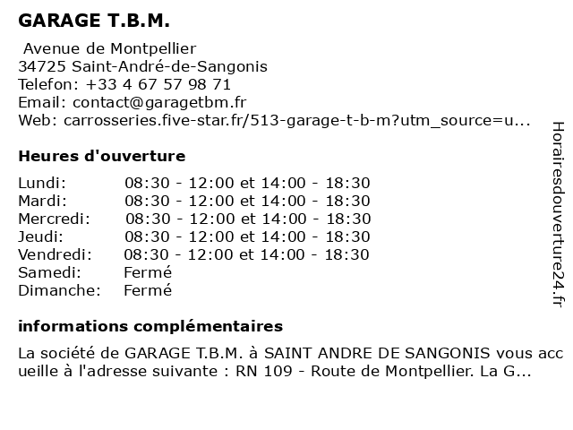 GARAGE T.B.M. à Saint-André-de-Sangonis: adresse et heures d'ouverture
