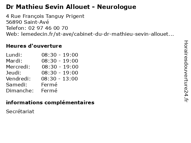 Dr Mathieu Sevin Allouet - Neurologue à Saint-Avé: adresse et heures d'ouverture